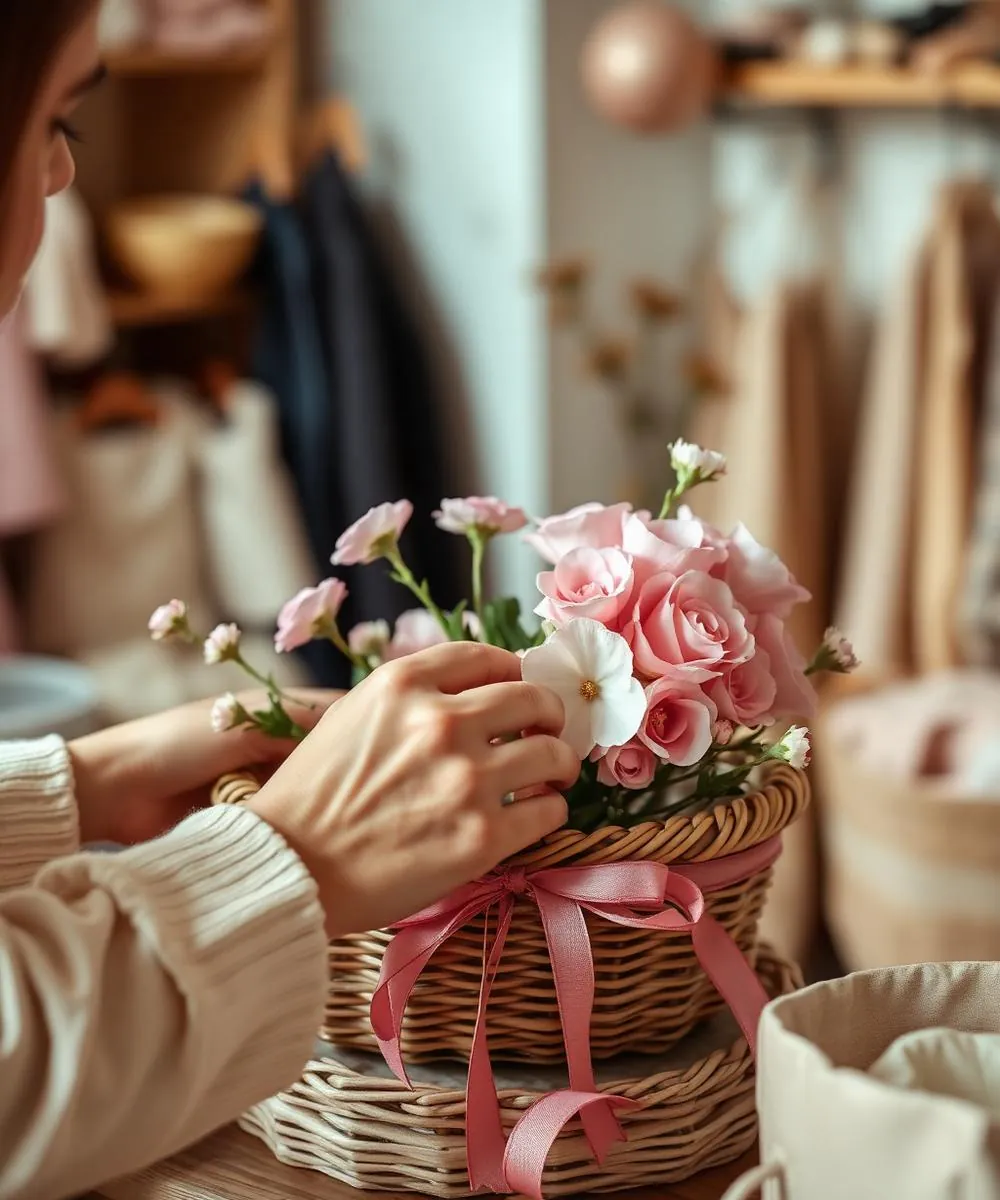 Ange'lene at work, crafting a gift basket